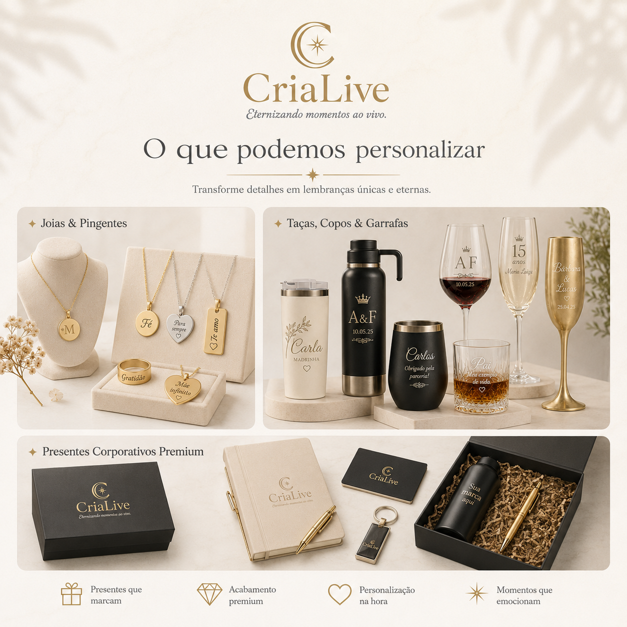 Exemplos de copos, garrafas, taças e joias personalizadas